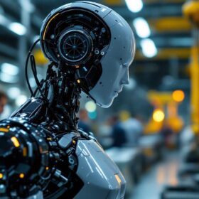 A photograph of a sleek industrial robot in action