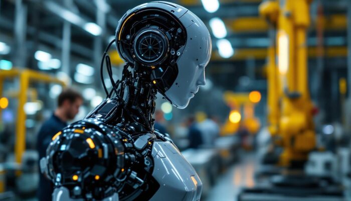 A photograph of a sleek industrial robot in action