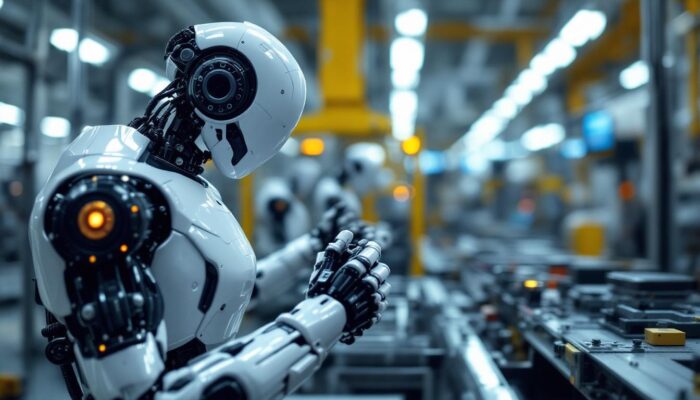 A photograph of a sleek industrial robot in action within a manufacturing environment