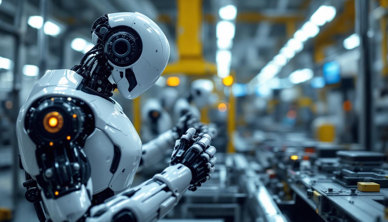 A photograph of a sleek industrial robot in action within a manufacturing environment