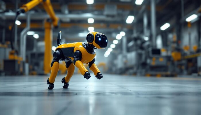A photograph of a dynamic industrial setting featuring the spot robotic dog in action