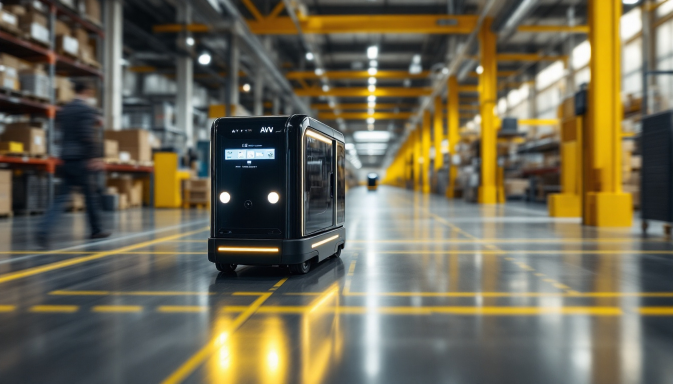 A photograph of a sleek agv cart navigating through a modern industrial workspace