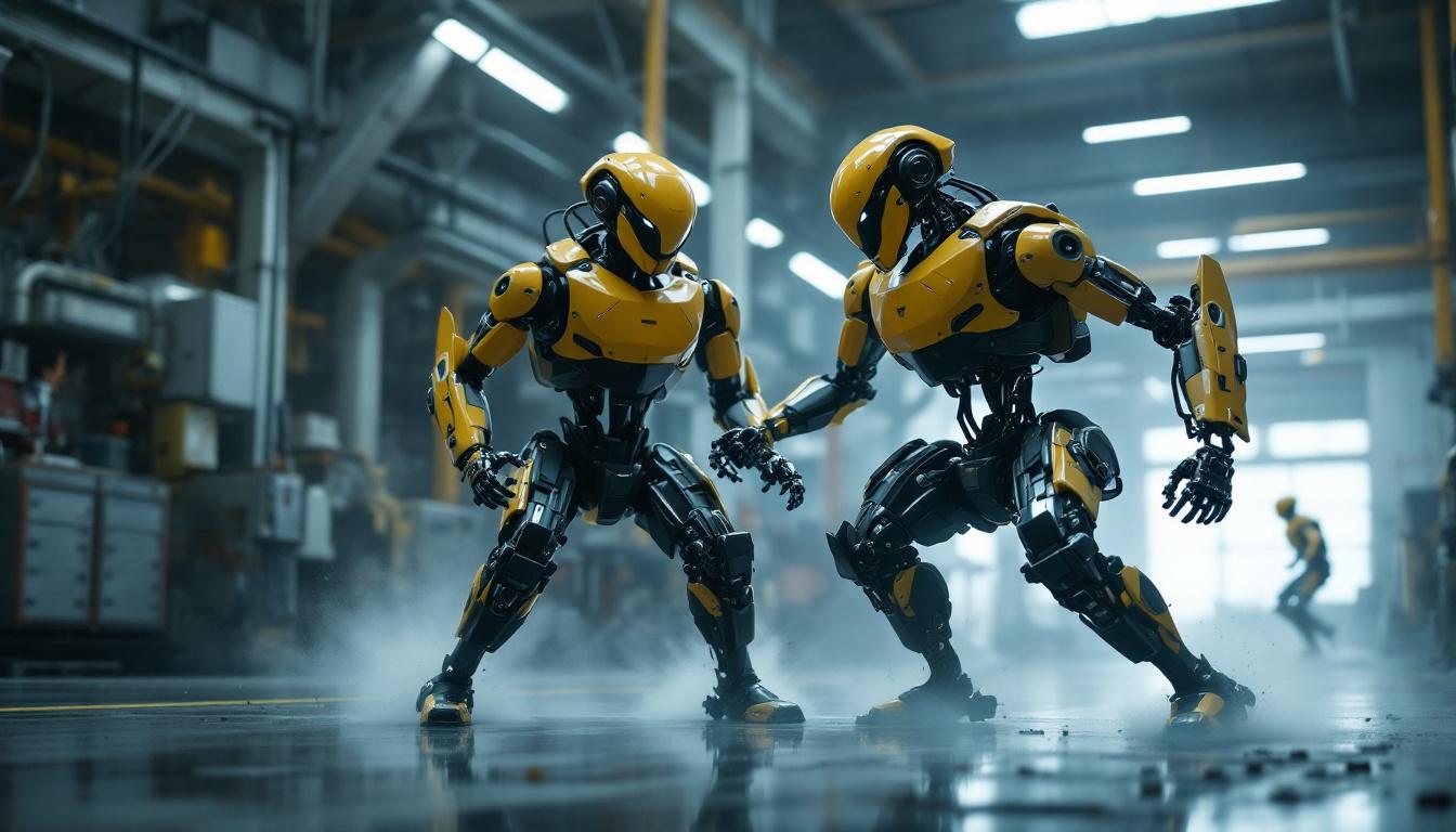 A photograph of a dynamic scene featuring boston dynamics robots in motion