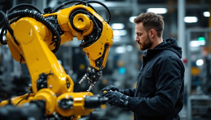 A photograph of a skilled technician working on an industrial robot in a modern boston manufacturing facility