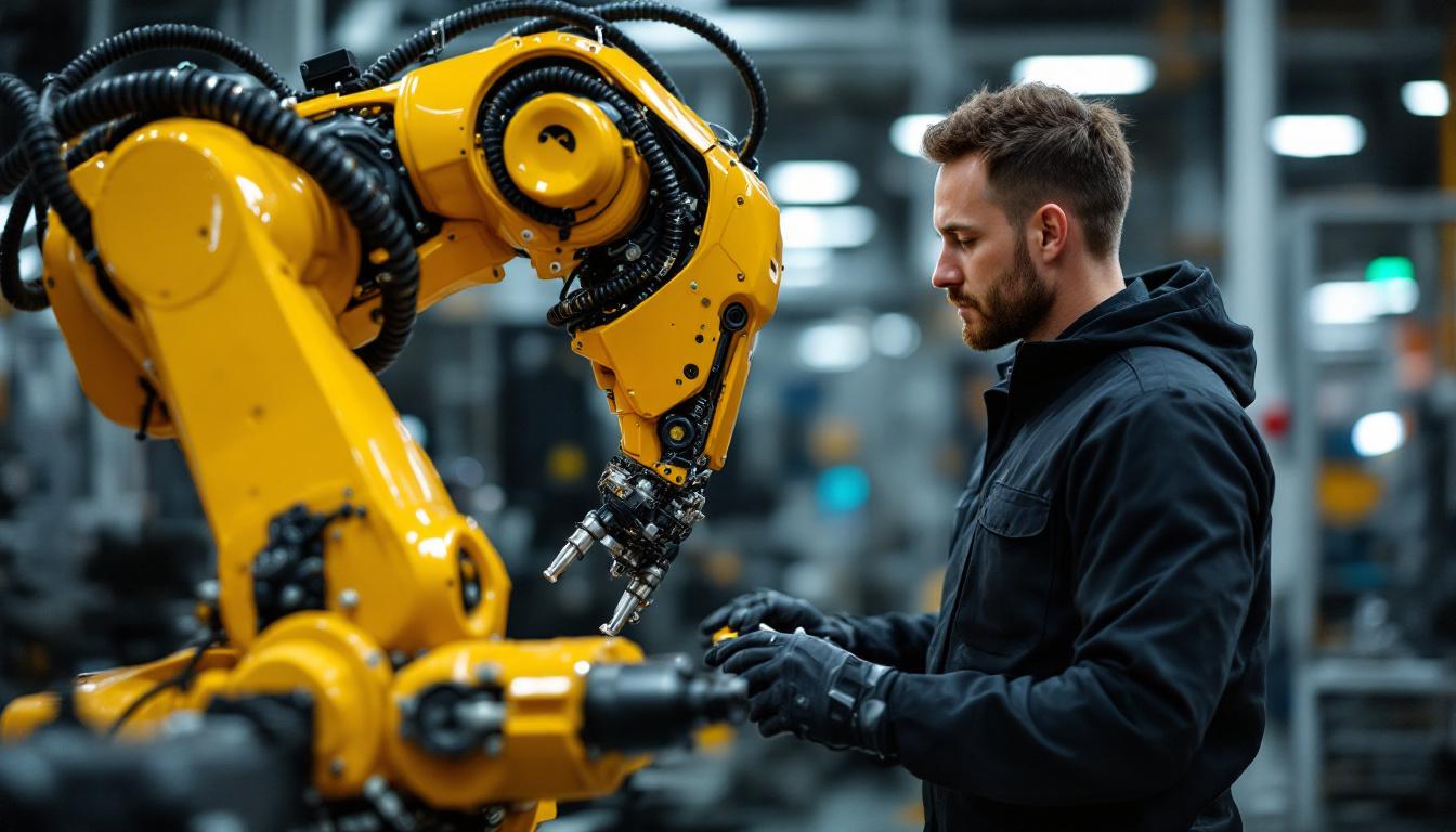 A photograph of a skilled technician working on an industrial robot in a modern boston manufacturing facility