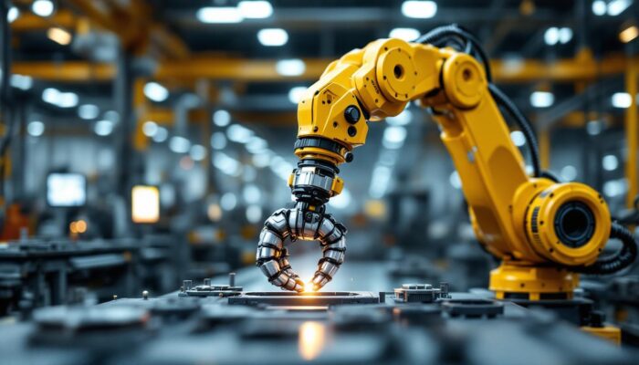 A photograph of a dynamic industrial robotic arm in action