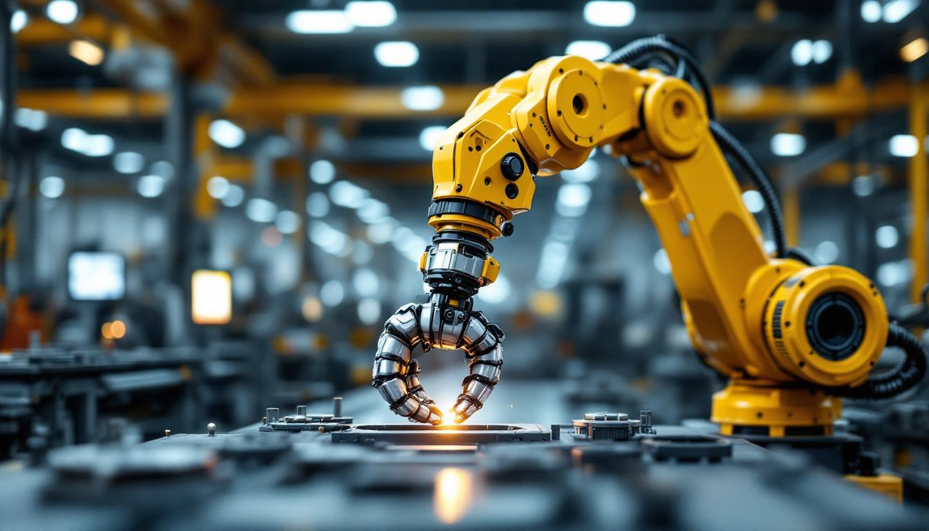 A photograph of a dynamic industrial robotic arm in action