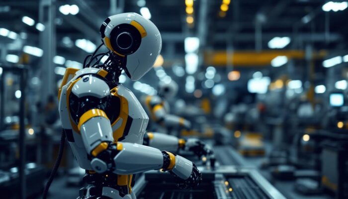 A photograph of a sleek industrial robot in an assembly line setting