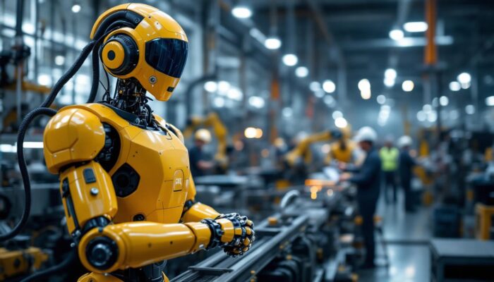 A photograph of a modern industrial robot in action