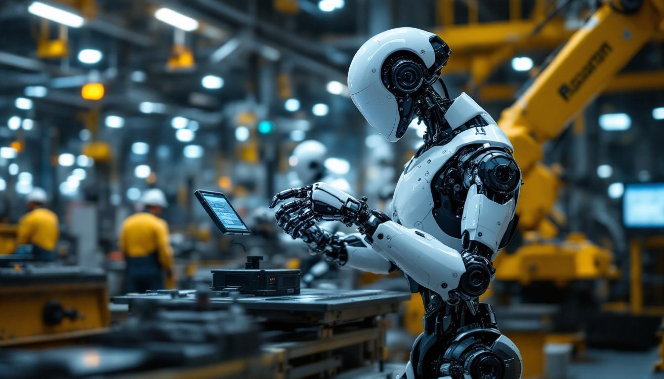 A photograph of a sleek industrial robot in action within a manufacturing environment