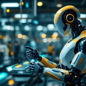 A photograph of a sleek industrial robot in action