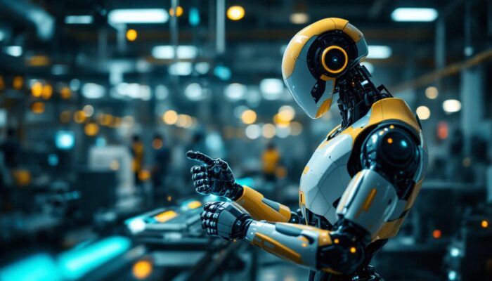 A photograph of a sleek industrial robot in action