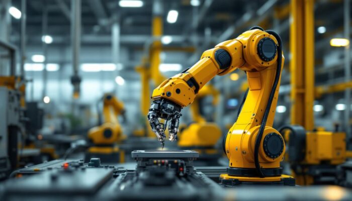 A photograph of a robotic arm in an industrial setting