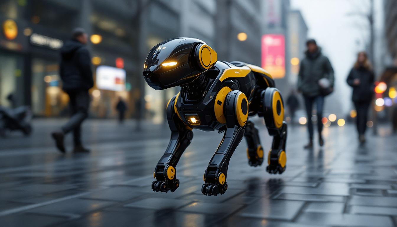A photograph of a robotic dog navigating a dynamic urban environment in ukraine