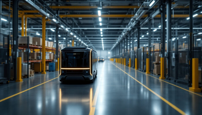 A photograph of a sleek automated guided vehicle (agv) navigating through a modern industrial warehouse