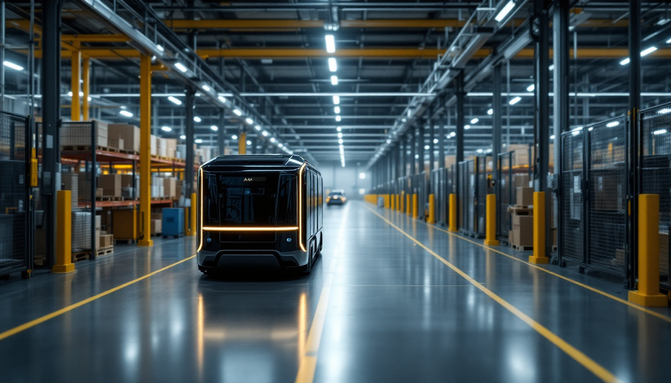 A photograph of a sleek automated guided vehicle (agv) navigating through a modern industrial warehouse
