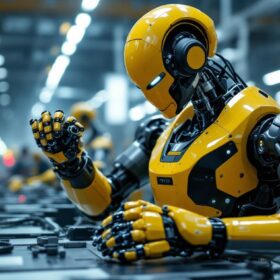 A photograph of a sleek industrial robot in action on a factory floor