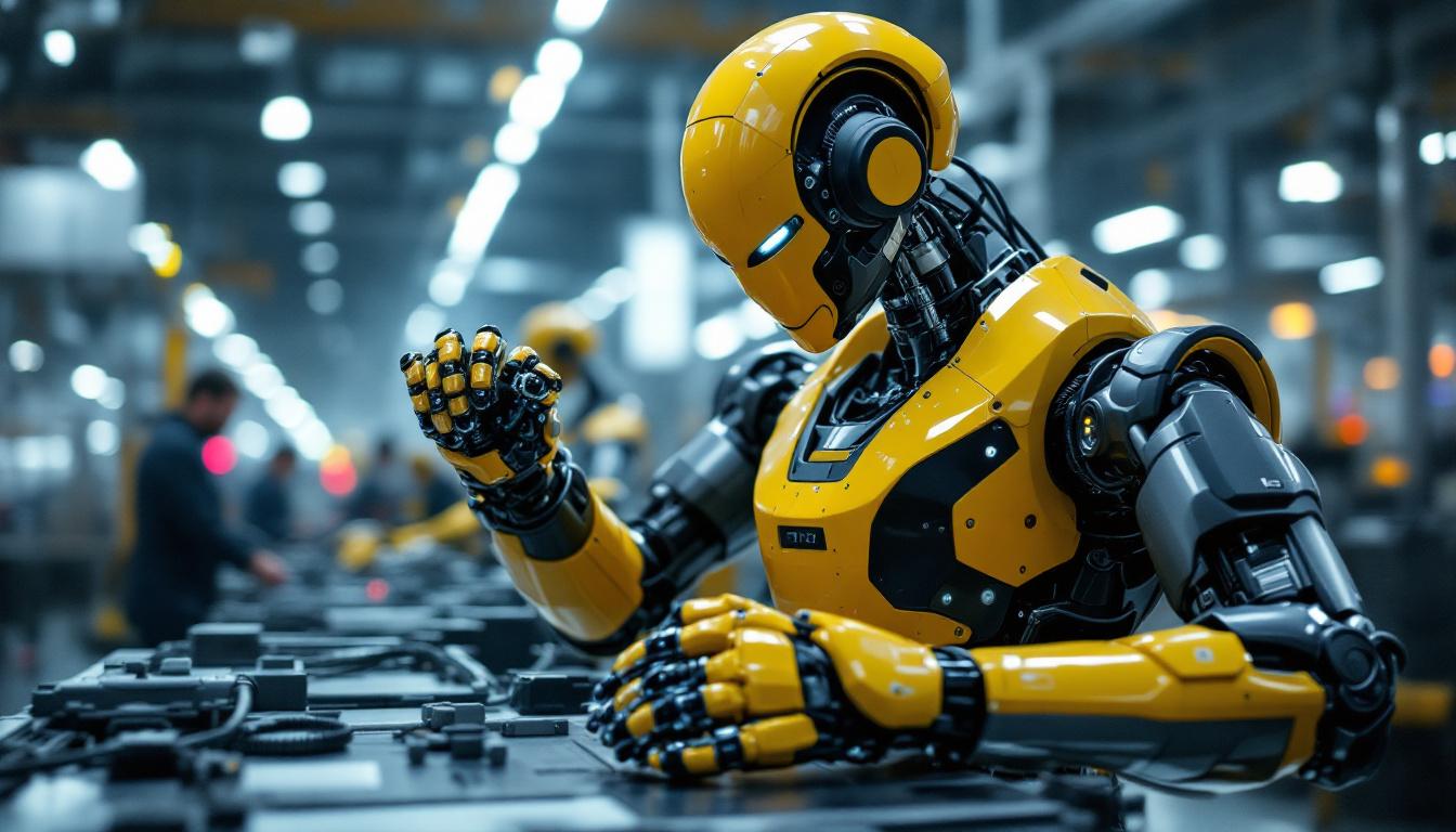 A photograph of a sleek industrial robot in action on a factory floor