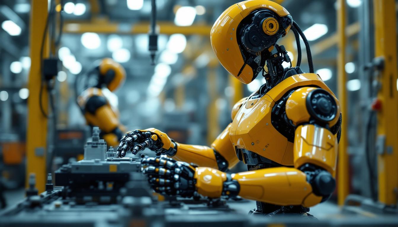 A photograph of a sleek industrial robot in action within a manufacturing environment