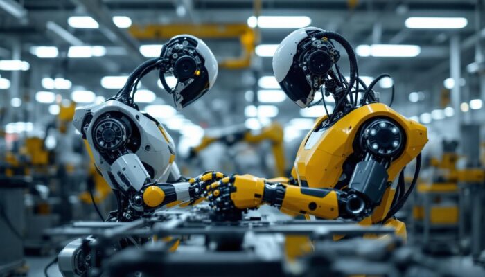 A photograph of a sleek industrial robot in action within a manufacturing environment