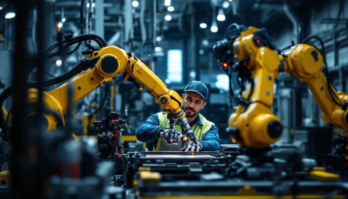 A photograph of a dynamic scene in a boston-based industrial setting