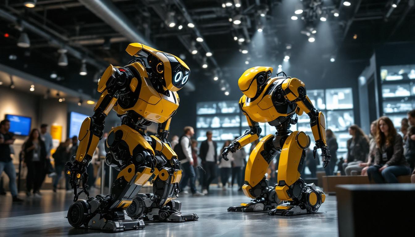 A photograph of a dynamic scene showcasing boston dynamics robots in action