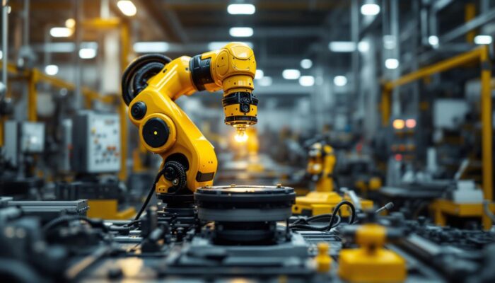 A photograph of a sleek industrial robotic arm in action within a modern manufacturing environment