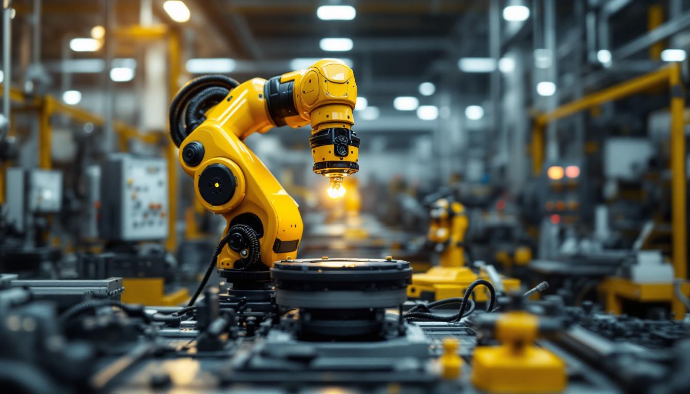 A photograph of a sleek industrial robotic arm in action within a modern manufacturing environment