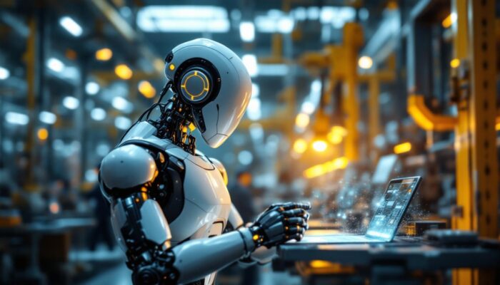 A photograph of a sleek and powerful industrial robot in action within a modern manufacturing environment