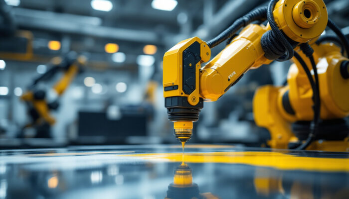 A photograph of a sleek industrial painting robot in action