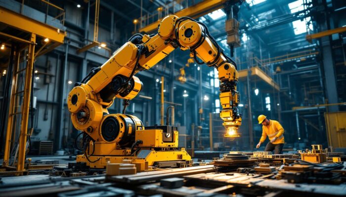 A photograph of a dynamic industrial setting showcasing a robotic arm in action