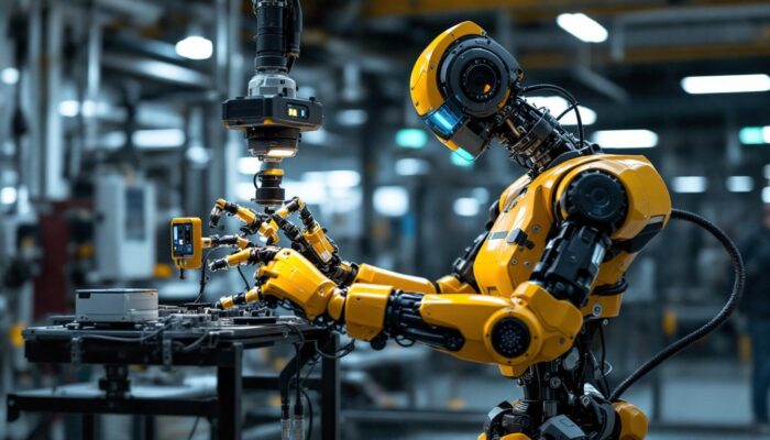 A photograph of a dynamic industrial robot in action