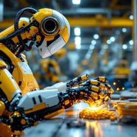 A photograph of a modern industrial robot in action within a manufacturing environment
