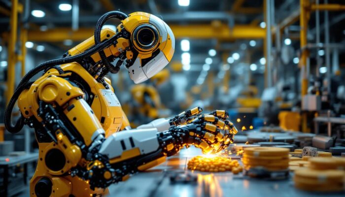 A photograph of a modern industrial robot in action within a manufacturing environment