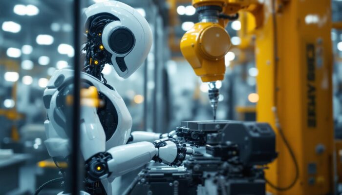 A photograph of a modern industrial robot in action within a manufacturing environment