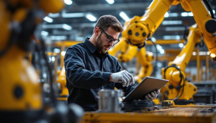 A photograph of a skilled technician working with industrial robotic arms in a modern manufacturing environment