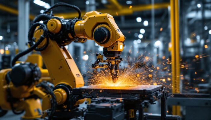 A photograph of a dynamic industrial robot in action