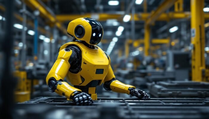 A photograph of a spot industrial robot in action within a factory setting