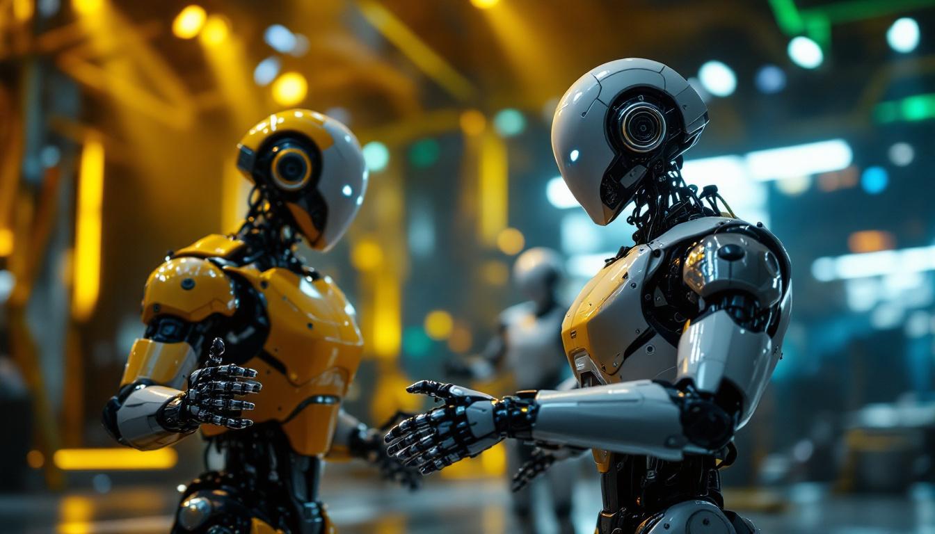 A photograph of a dynamic scene featuring industrial robots in action