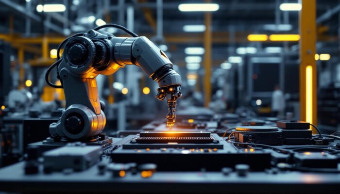 A photograph of a sleek industrial robotic arm in action within a modern manufacturing facility