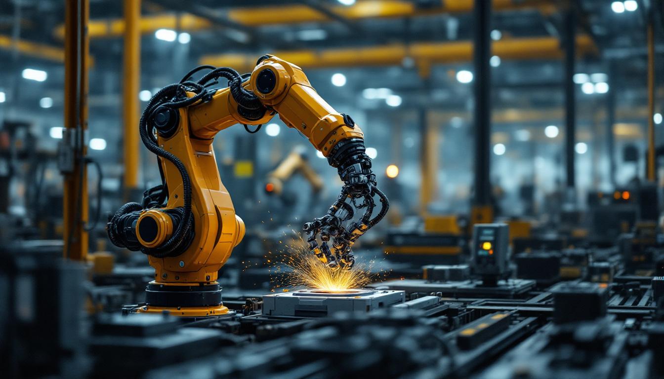 A photograph of a dynamic industrial setting showcasing a robotic arm in action