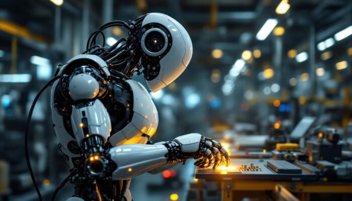 A photograph of a sleek industrial robot in action