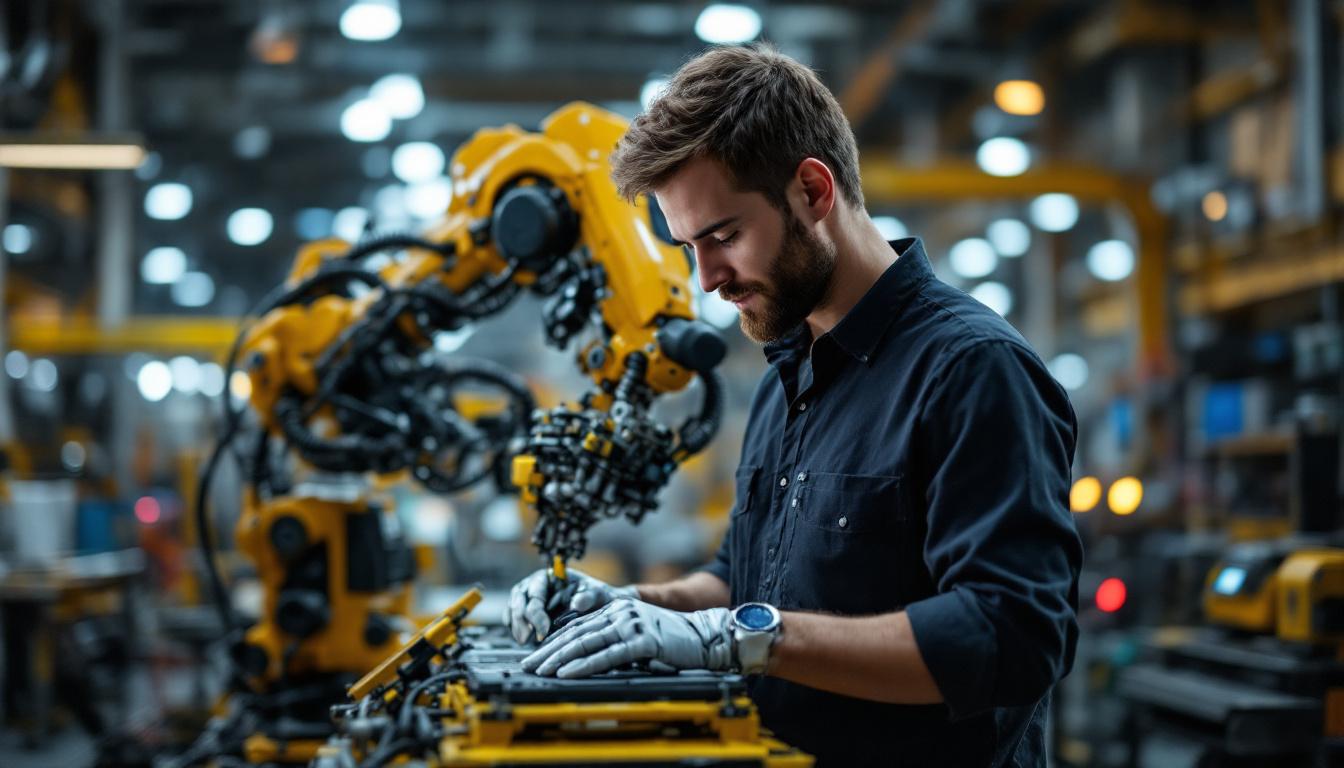 A photograph of a skilled intern working alongside an industrial robot in a dynamic manufacturing environment