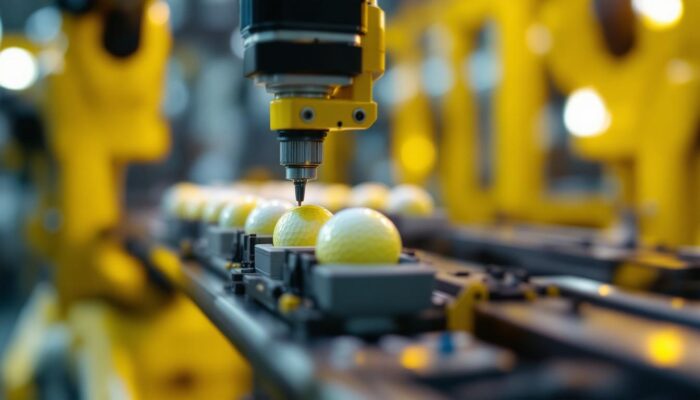 A photograph of a close-up shot of a robotic arm meticulously assembling a sleeve of golf balls in a modern industrial setting