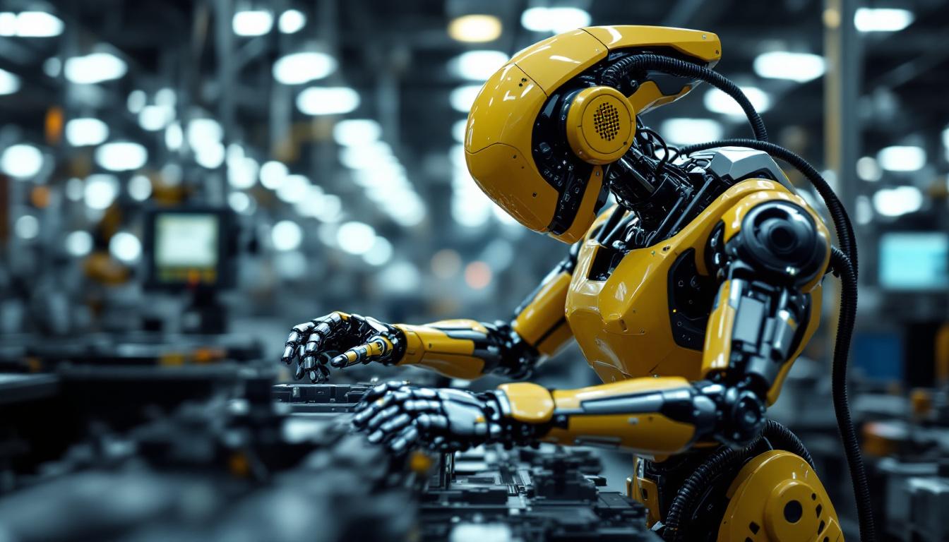 A photograph of a modern industrial robot in action on a factory floor