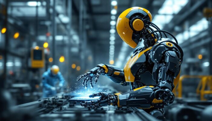 A photograph of a sleek industrial robot in action within a modern manufacturing facility