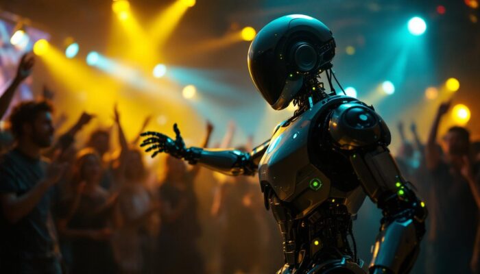A photograph of a vibrant party scene featuring a dynamic industrial robot dancer in action