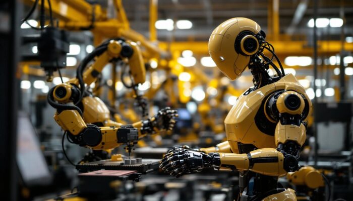 A photograph of a sleek industrial robot in action within a modern manufacturing environment