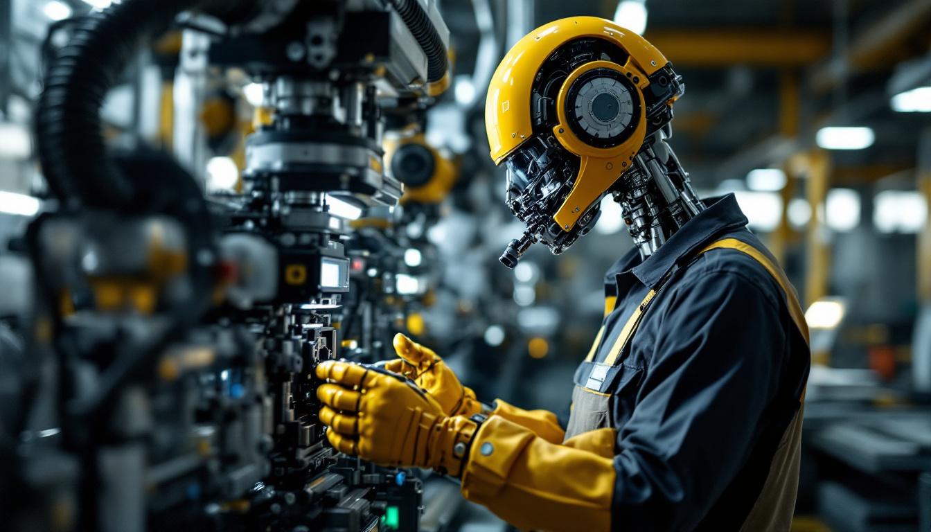 A photograph of a technician inspecting an industrial robot in a manufacturing setting