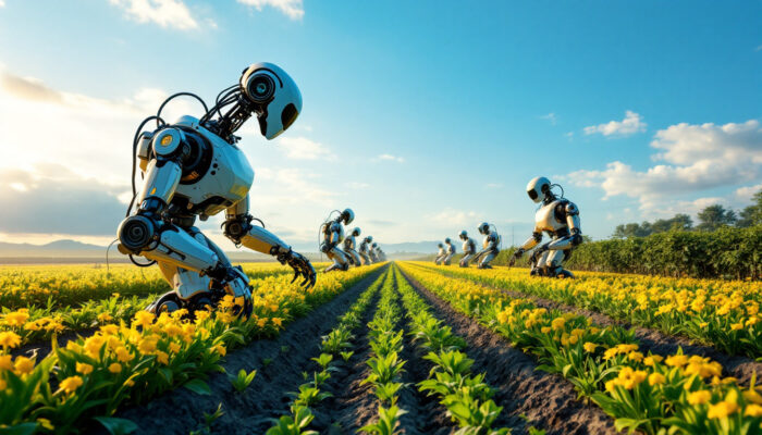 A photograph of a modern farm landscape featuring a variety of industrial robots in action